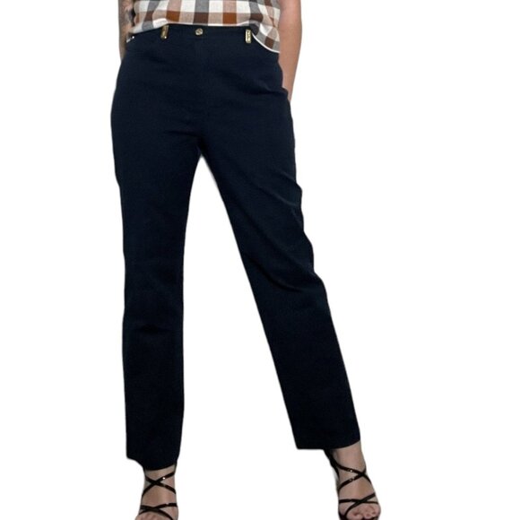 St. John Sport Navy Blue Wide Leg Chino Pants High Waisted Gold Logo 10 Y2K - Picture 1 of 16